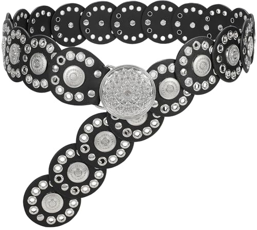 JasGood Breite Scheibengürtel für Damen Leder Aushöhlen Runde Gürtel Western Cowgirl Gürtel Damen Concho Vintage Boho Disc Ledergürtel Verstellbare Taillengürtel für Kleider