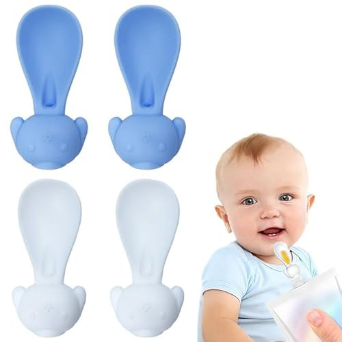 NJCXOLA Cuillères en Silicone pour Bébé & Embouts de Gourde, Cuillere, Nettoyage Facile, Étanche, pour Alimentation de Plus de 3 Mois, Pack de 4 bleu & blanc