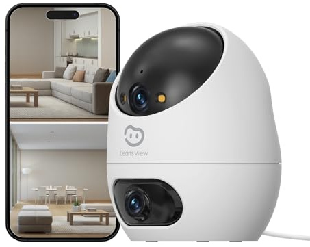 Beans View Caméra Intérieure 2K+2K (3MP+3MP) à Double Objectif, Caméra de Sécurité 360°, Vision Nocturne Couleur, Détection de Personne, 2.4GHz WiFi Caméra de Surveillance, Compatible Alexa D220