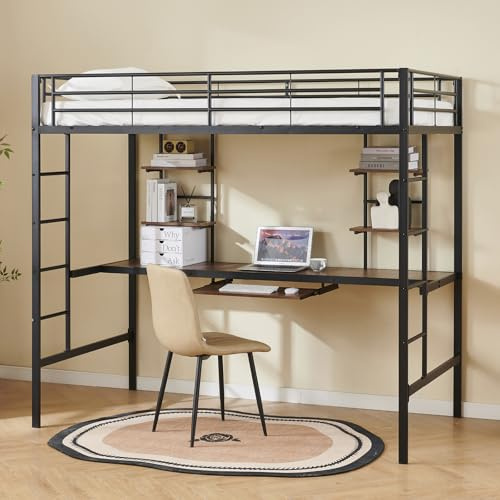 Hochbett mit Schreibtisch und Regalen, Robustes Metall 90x190cm, Sicherheitsgeländer, Doppelseitige Leiter, Jugendzimmer und kleine Räume, Schwarz