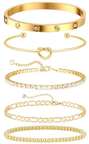 XdealCozyxc 5 PCS Bracelets for Womens Gold Plated, Adjustable CZ Tennis Bracelet Stack