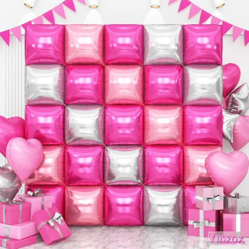 Pink Silver Double Sided Square Foil Balloons Wall, Chrome Silver Hot Pink Foil Balloons Tunnel Arch Kit for Baby Princess Theme Party Birthday Girl Baby Shower Anniversary Wedding 2025 graduation