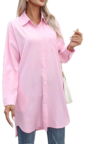 Runmeihe Women Longline Casual Blouse with Buttons, V Neck Business Work Shirt, Oversize Polyester Long Sleeve Tops (UK, Alpha, L, Regular, Regular, Pink)