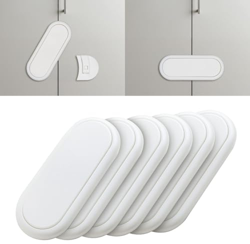 Kindersicherung Schrank 6er Set – Schranksicherung Kinder selbstklebend mit starkem Klebeband, ohne Bohren, für Schränke, Schubladen & Kühlschrank, robustes ABS, Weiß, starke Haftung