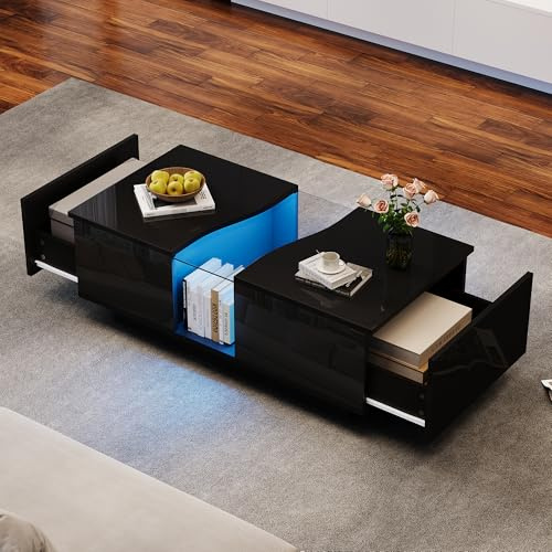 BTM LED Couchtisch mit Hohl-Design & Acrylplatte 100x50x35cm Hochglanz MDF Tisch 2 Schubladen, App-Steuerung, Schwarz