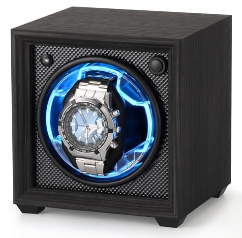 Isili Single Watch Winder for Automatic Watches, Auto Start-Stop Watch Winders Box for Watch Lovers, with Quiet Motor 2 Rotation Mode Setting, Blue Light, Gift for Valentine's Day