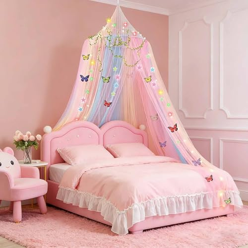 OMEELER Round Bed Canopy for Girls Hanging - Colorful Breathable Mosquito Nets with LED Light and Vine Butterfly Star Decorations - Fits Twin/Full Bed