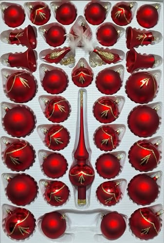 Lauschaer Glas Christbaumschmuck Sortiment mit klingenden Glocken rot glanz matt 39 Teile Christbaumschmuck Weihnachtsschmuck mundgeblasen,handdekoriert