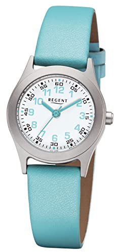 REGENT Junioruhr Kinderuhr für Mädchen oder Jungen mit 26 mm Gehäusedurchmesser und Lederband Quarz Arabische Zahlen Titan