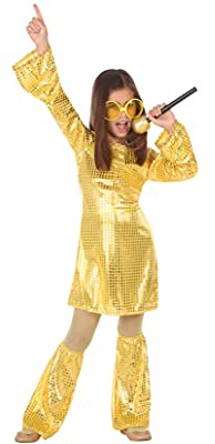 ATOSA | Goldenes Disco Kostüm für Mädchen | 70er Jahre Stil | Inklusive Kleid & Beinstulpen | Heller, bequemer und lustiger Anzug | Ideal für Partys, Karneval oder Events | Größe 3-4 Jahre
