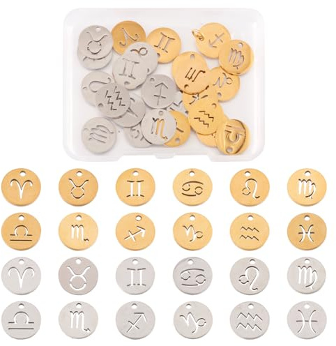 Cheriswelry 24 Stück flache runde Anhänger aus 304 Edelstahl, 12 Sternzeichen, Sternzeichen, Horoskop, Anhänger für Schmuckherstellung