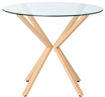 Beliani Mesa de Comedor Redonda escandinava Tablero de Vidrio Templado ø 90 cm Madera Clara Altura