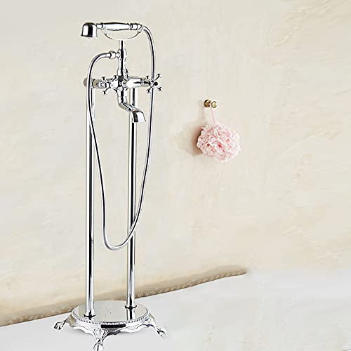 SYZMA Freistehende Armatur Standarmatur freistehende Badewanne Wasserhahn 360°Drehen Auslauf mit Handbrause 150cm Schlauch 2 Griffe Badezimmerarmatur Wannenarmaturen (Silber)