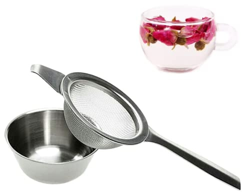 Fine Mesh Strainer with Long Handle, Stainless Steel Mini Tea Strainer with dripping bowl, for Straining Teas and Cocktails or Sifting Flour, Sugar, Spices, and Herbs(Silver)