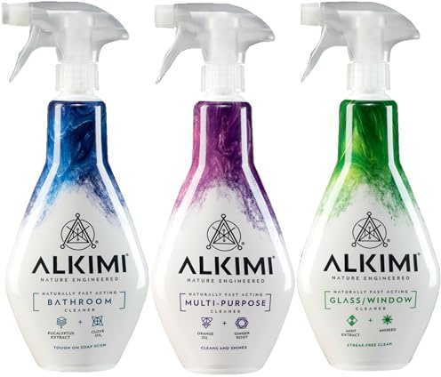ALKIMI Cleaning Sprays, Variety Pack of 3 – Powerful Cleaning, No Harsh Chemicals, with Natural Essential Oils & Extracts, Multipurpose, Bathroom, Glass & Window