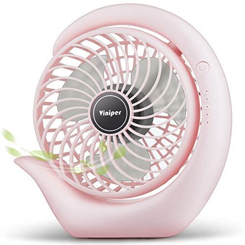 viniper Battery Operated Fan, Small Desk Fan : 180° Rotation and 3 Speeds Portable Office Fan, About 8-24 Hours Working for Office Home (Light Pink, Light Black Blade)