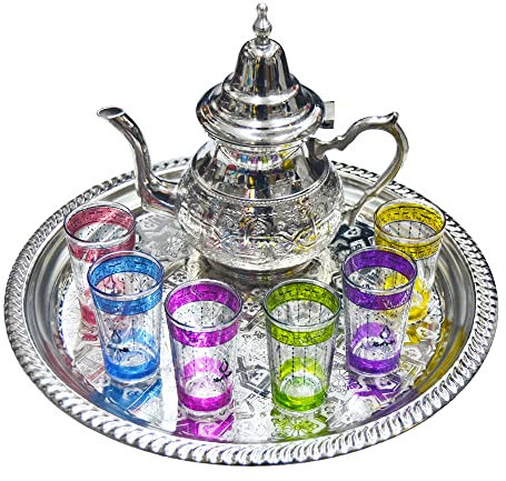Horus Artesanía de Egipto Beau service à thé marocain complet : théière 750 ml plateau 33 cm 6 verres à thé colorés