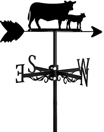 Mercu Wetterfahne Wetterhahn Kuh Kalb Motiv Deko-Wetterfahne Im Hohl Geschnitztes Rostfreier Windrichtungsanzeiger Garten Hof Dach Ornament