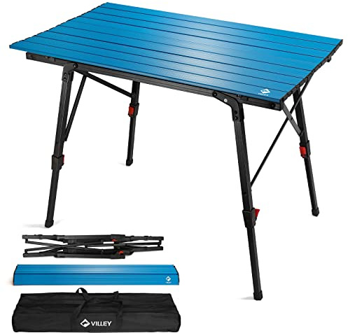 VILLEY Portable Camping Table with Adjustable Legs, Lightweight Aluminum Folding Beach Table with Carrying Bag for Outdoor Cooking, Picnic, Beach, Backyards, BBQ and Party - Blue