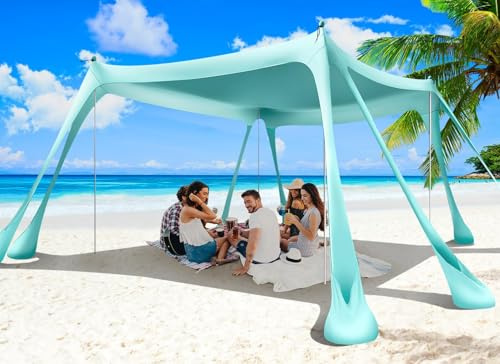 Wabolay Beach Tent Sun Shelter 10x10ft Beach Canopy Easy Pop Up Sun Shade Portable UPF50+ with 8 Sandbags-2 Sand Shovel-4 Aluminum Poles-Ground Pegs for Outdoor Family Camping Fishing Backyard Picnic