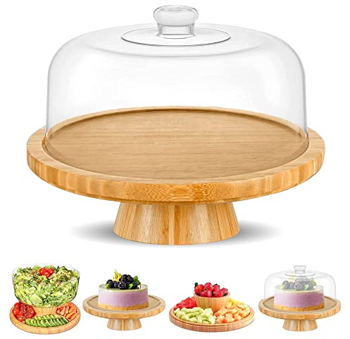 CHEF'S UNIQUE 6-in-1 Bamboo Cake Stand with Dome – Multifunctional Serving Platter, Punch Bowl, Salad Bowl, Chip & Dip Tray, Dessert Display with Clear Acrylic Cover