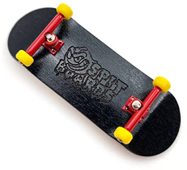 SPITBOARDS 34mm Fingerboard Complete Wood Pro Set-Up (Pre-Assembled, 5-Layers), Pro Trucks, CNC Bearing Wheels, Foam Grip Tape, (Deck: Black, Trucks: red, Wheels: Yellow)