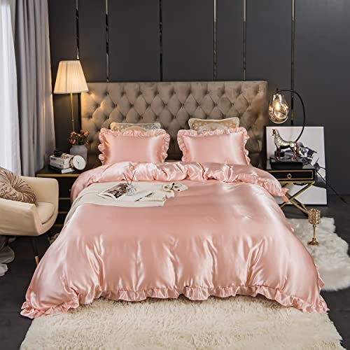 Freyamy Satin Bettwäsche 135x200 Glatt Luxus Seide Glanzsatin Bettwäsche Set Rosa Einfarbig Rüschen Romantisch Sommer Mädchenbettwäsche 1 Bettbezüge und Kissenbezug 80x80 mit Reißverschlüsse