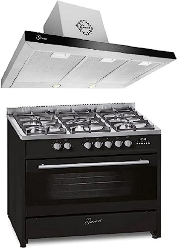 GURARI Gas elektrisk stående spis GCH E 911 BL GCH F 462 IS 9 Prime 90 cm/Range Coocker/121 l/8 funktioner/jord-/propangas köksfläkt 90 cm 1000 m³/h vägghuva i rostfritt stål/svart glaspanel