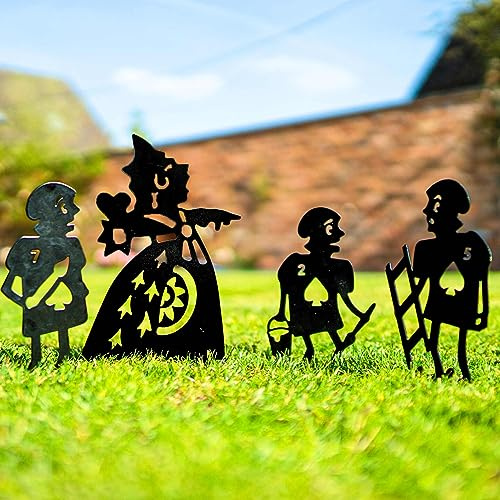 Alice in Wonderland Queen of Hearts Set 4 Figures Garden Wedding Party Ornament Outdoor Decoration Housewarming Gift for Her, Woman, Garden Lover (Set 4 stakes: Queen, 3 Cards - Black Paint)