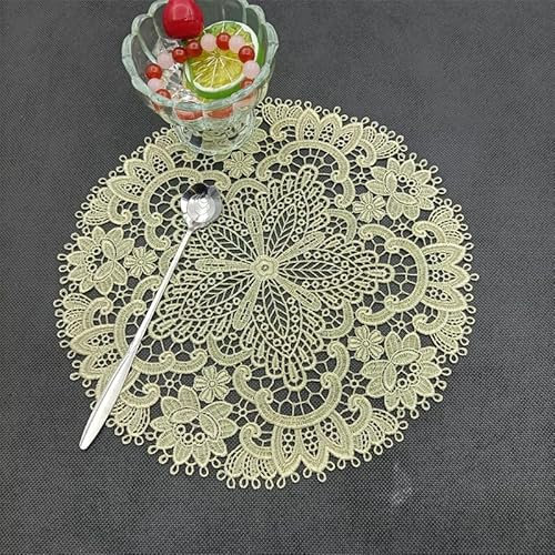 4 Stück Spitze Runde Gestickte Tischläufer, Stickerei Tischset Runde Bestickte Tischmatte Handarbeit Geklöppelt Häkeldeckchen Spitzendeckchen für Küche,Esszimmer Tassen, Getränke,Schalen -Gold Gelb