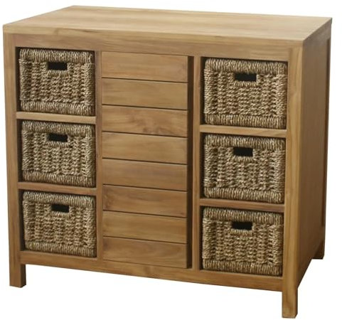 Teako Design Waschbeckenunterschrank Skara Teak Massivholz, Rattan Schubladen Badezimmerschrank, Teakholz Badezimmermöbel, Nachhaltiger Unterschrank, Leicht zu montieren (90)