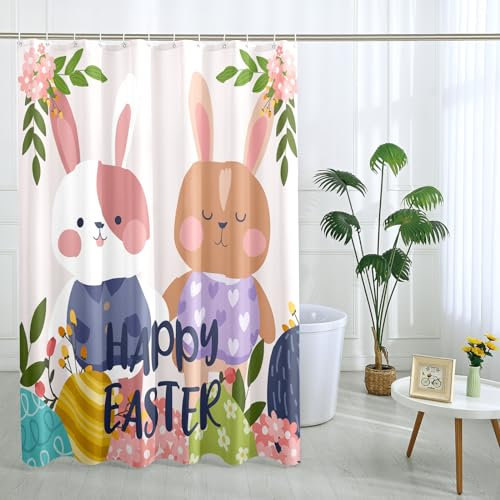 Easter Shower Curtain Rabbits Cartoon Letter Eggs Floral Animal Brown Polyester Ornaments Waterproof Decor Thick Grommet Room Indoor Bathroom Dorm Outdoor Short Shower Curtain 62x72 Inch