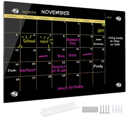 Glass Dry Erase Whiteboard,Monthly Calendar Whiteboard,18 x 24,Frameless Glass White Board for Home,School,Office,Blace Surface(GlassA-BK-4560)