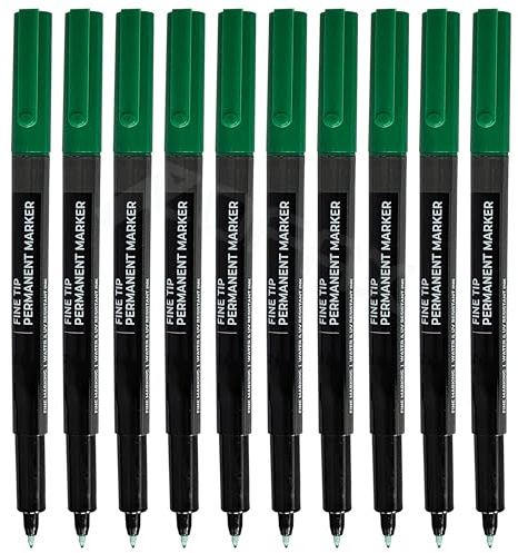CAMMAR Permanent Marker Pens, GREEN, Fine Tip, Pack of 10, CD-DVD Marker Pens, UV Resistant Ink, Writes Most Surfaces, Waterproof Ink, iZOFAX Black Ball Pen