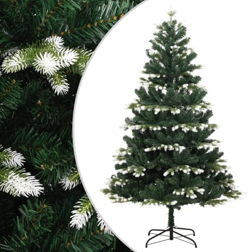 Gecheer Konstgjord julgran med gångjärn och flockande snö 150 cm, metallstativ, PVC-julgran för juldekoration, grön och vit