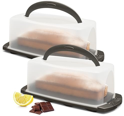 Hausfelder Kuchen Transportbox Kastenform 2er Set, 34x17x12cm, Anthrazit | Kuchentransportbox rechteckig mit Haube und Griff, Kastenkuchen Box für Transport, 34 x 17 x 12 cm