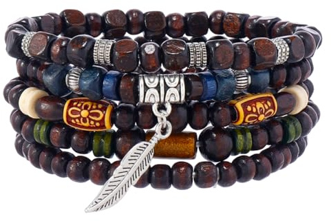 Eigso 6 st träpärlor manschettarmband för kvinnor män unisex tibetansk buddhistisk wrap träarmband armring för kvinna man, 6.5 inches - 7.68 inches, Trä, Ingen ädelsten