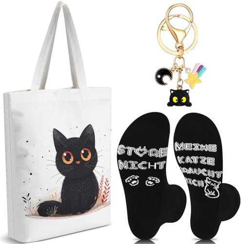 Xuniea 3er Set Katzenmotiv Geschenke für Katzenliebhaber 1 Canvas Shopper Tasche 1 Lustige Katze Socken und 1 Schwarzer Katze Schlüsselanhänger Kätzchen Geschenke für Frauen Weihnachten