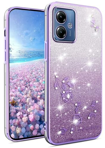 YUEQIAN Funda Glitter para Motorola Moto G14, Ultradelgado Transparente Suave TPU Silicona Antigolpes Carcasa, Brillante Diamantes Flores para Mujeres Cubierta. Púrpura