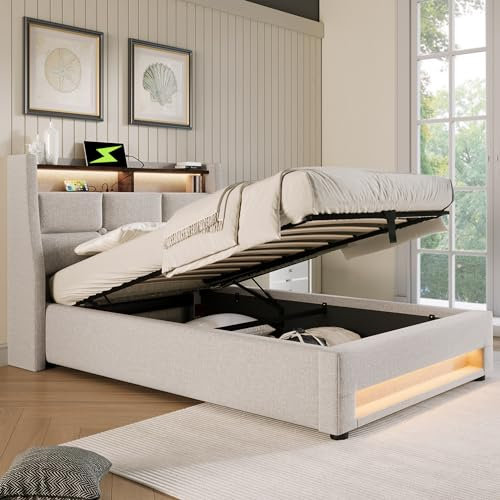 Gegtuon Polsterbett Einzelbett 90x200 mit LED-Licht & USB-Buchse, Bett mit Hydraulisch Stauraum Underbett & Kopfteil, Stauraumbett Funktionsbett Jugendbett mit Lattenrost, ohne Matratze, Leinen, Beige