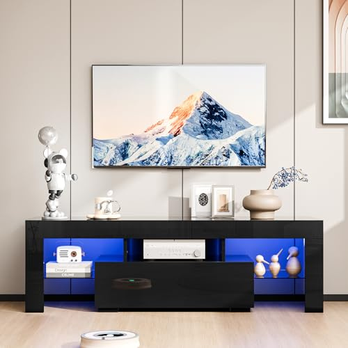 Bonnlo Meuble TV avec LED, Banc TV, Noire, Meuble TV avec Rangement, Meuble télé pour Salon, Chambre, 130 x 35 x 45cm (Noir)