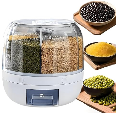 Wnnideo Rotating Grain Storage Bin 6 Grids Rice Container One-Click Output Large Capacity Food Dispenser For Rice Grains Sealed Moisture Proof Organizer (Small)