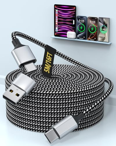 Cable de Carga Extra Largo para iPhone 5M, Cable de Carga Rápida de 60W USB C y Lightning 3 en 1 Trenzado de 16 pies Multi Combo Lightning/Tipo C/USB C para iPhone 16/15/14, iPad, Samsung, Android