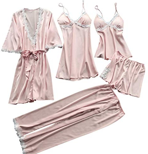Conjunto de pijama de satén de 5 piezas para mujer, conjunto de pijama de 5 piezas para mujer, pijama de seda satinada, bata kimono, conjuntos de ropa de dormir para adultos, camiseta, camiseta, talla