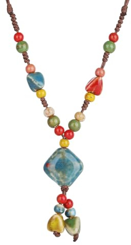 DS Boho Beaded Necklace for Women–Colorful Ceramic & African Tribal Beads, Adjustable Long Chunky Bohemian Jewelry with Gift Box Packaging,Hippie Witchy Vintage Handmade Fashion Statement Necklace (style-5)