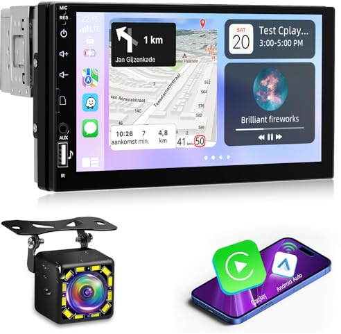 NHOPEEW 1Din 7-Zoll-Autoradio mit IOS/Android Mirror Link – 1-Din-Autoradio mit Bluetooth, FM, EQ, Lenkradsteuerung, USB, AUX, SD-Karte und HD-Rückfahrkamera