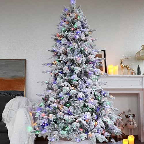 Asinse 6ft/180cm Pre-Lit Christmas Tree, White Snow Flocked Premium Artificial Spruce with 350 Multicolor LED Lights, PE+PVC+Pine Needles, Pine Cones, Hinged Branches, Metal Stand
