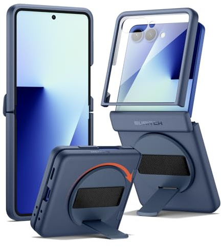 SURITCH Compatible with Samsung Galaxy Z Flip 7 Case with 360° Rotatable Hand Strap Phone Grip Holder & Kickstand & Screen Protector & Hinge Protection, Slim Rugged Shockproof Protective Cover-Blue
