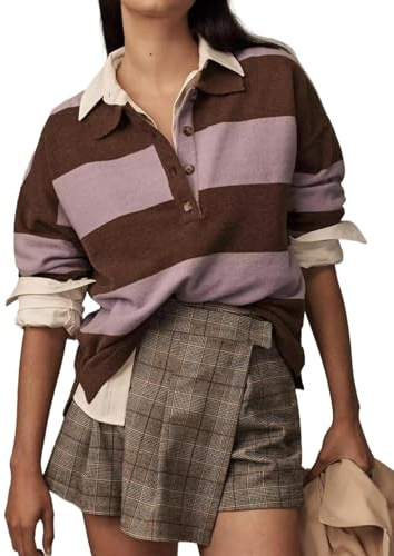 synound Women’s Rugby Shirt Striped Polo V Neck Long Sleeve Sweater Oversized Fall Sweatshirt Cute Half Button Pullover Brown