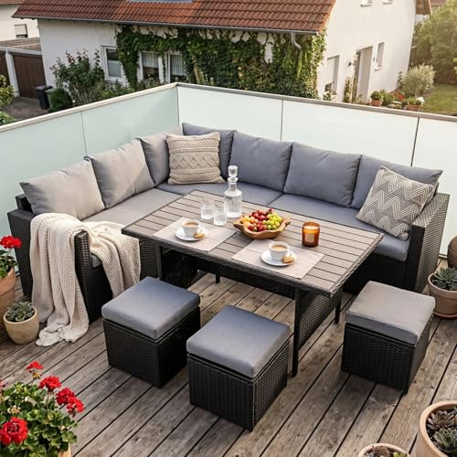 Atenza Polyrattan Lounge Gartenmöbel Set Wetterfeste Sitzgruppe 9-Sitzer | Essgruppe für Terrasse & Balkon mit WPC Esstisch, L-Ecksofa, 3 Hockern & Kissen mit Reißverschluss, Outdoor-Möbel